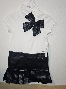 Tahari Girl White and Black Faux-Leather Bow Dress